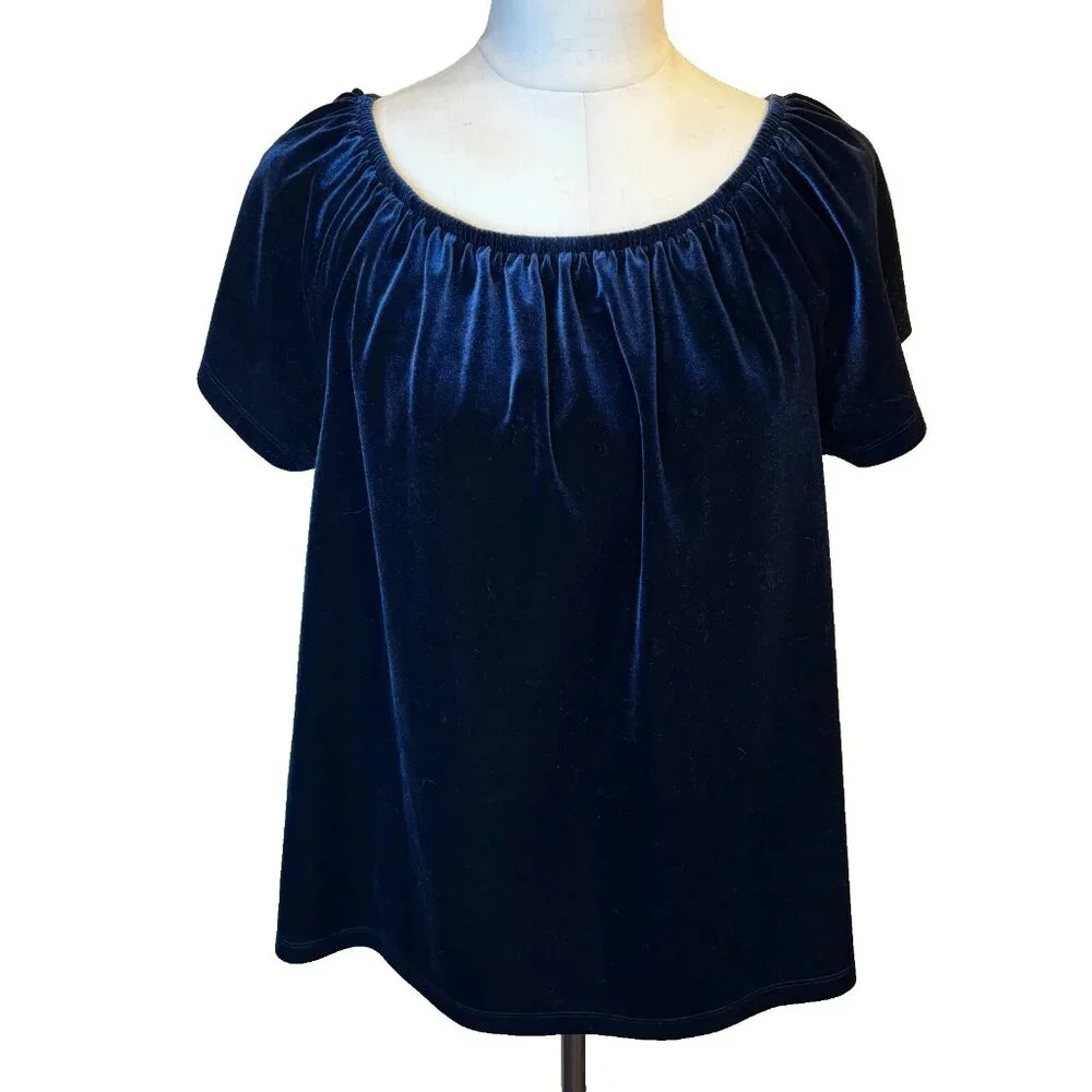 GAP Blue Velvet Short Sleeve Top Blouse Women’s Size Large - Picture 2 of 9